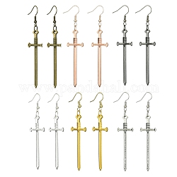 6 paio di orecchini pendenti lunghi in lega di 6 colori, spada, colore misto, 72x16mm, 1 paio / colore