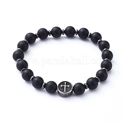 Natural Black Agate Beads Stretch Bracelets, with Non-Magnetic Synthetic Hematite Beads and Flat Round with Cross 304 Stainless Steel Beads, Stainless Steel Color, Inner Diameter: 1-7/8 inch(4.9cm)