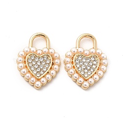 Colgantes de aleación de Diamante de imitación, con cuentas de perlas de imitación de plástico abs, encantos de corazón de tono dorado, cristal, 18x14x3mm, agujero: 4x4 mm