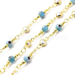 Handmade Brass Glass Link Chain, Soldered, with Spool, Flat Round with Evil Eye, Cadmium Free & Lead Free, Real 18K Gold Plated, Flat Round: 10x4.5x2mm, Round: 2.5mm and 4.5mm