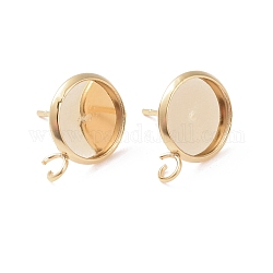 304 Stainless Steel Stud Earring Settings, with Loop, Flat Round, Golden, Tray: 10mm, 15x12x1.5mm, Hole: 2mm, Pin: 0.8mm