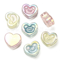 Placage uv perles acryliques irisées arc-en-ciel, avec de la poudre de paillettes, coeur avec motif ours, couleur mixte, 17.5x20x9mm, Trou: 3.5mm