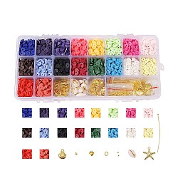 DIY Jewelry Kits, with Handmade Polymer Clay Heishi Beads, Alloy Pendants, Elastic Thread, Brass Spacer Beads & Ball Head Pins & Jump Rings, Cowrie Shell Beads and Scissors, Golden, 6x1mm, Hole: 1.5~2mm, about 3240~3600pcs/set