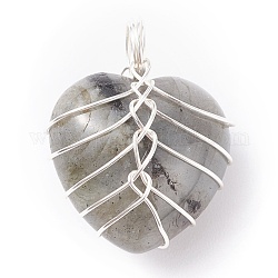 Естественно лабрадорита камней подвески, с медной проволокой серебристого цвета, сердце, 25.5x21x17 мм, отверстие : 6 мм