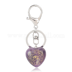 Coeur d'améthyste naturelle avec porte-clés oeil d'horus, Porte-clés en pierre d'énergie reiki, pour sac, bijoux, décoration cadeau, 9.5x3 cm