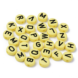 Perline acrilico opaco, foro orizzontale, rotondo piatto con lettere casuali nere, giallo, 10x4.5mm, Foro: 2 mm, circa 1600pcs/500g