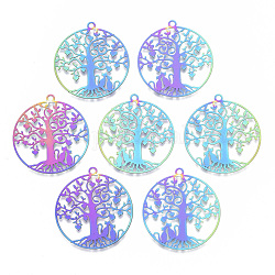 Ion Plating(IP) 201 Stainless Steel Filigree Pendants, Etched Metal Embellishments, Flat Round with Heart Tree & Lover Cat, for Valentine's Day, Rainbow Color, 33.5x30.5x0.4mm, Hole: 2mm