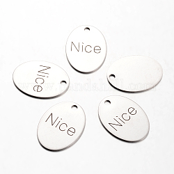 Spray Painted Stainless Steel Pendants, Oval with Word Nice, Stainless Steel Color, 30x22x1mm, Hole: 3mm