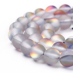 Pietre moon sintetiche perline fili, perle olografiche, tinto, smerigliato, tondo, grigio chiaro, 6mm, Foro: 1 mm, circa 60~62pcs/filo, 14~15 pollice