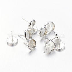 Brass Stud Earring Settings, Cadmium Free & Nickel Free & Lead Free, Silver Color Plated, Tray: 8mm, 13.5x10mm, Pin: 0.7mm