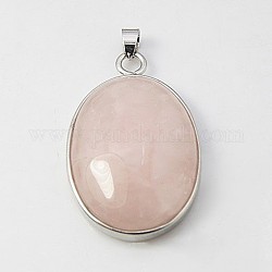 Ciondoli gemstone, con i risultati ottone e quarzo rosa, ovale, platino, roso, 41x27.5x7.5mm, Foro: 3x6 mm