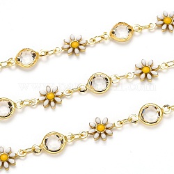 Handmade Brass Link Chains, with Clear Glass Rhinestone and Enamel, Spool, Long-Lasting Plated, Soldered, Daisy, Golden, Links: 12.8x7.5x2.1mm and 12.6x6.7x2.9mm