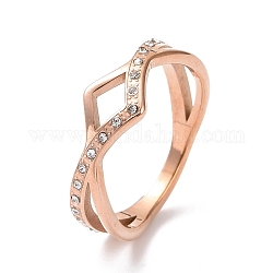 Кольцо на палец с волнистыми кристаллами и стразами, ионное покрытие (ip) 304 ювелирное изделие из нержавеющей стали для женщин, розовое золото , размер США 6~9 (17.1~18.9 мм)