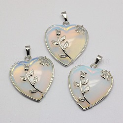 Ciondoli cuore Opalite, con castoni in ottone placcato platino, 36x31~33mm, Foro: 6 mm