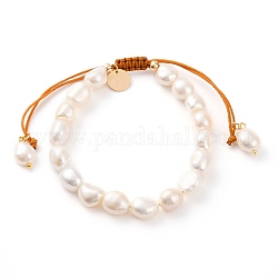 Bracciali di perline intrecciati con fili di nylon regolabili, con perle ovali di perle naturali coltivate d'acqua dolce e ciondoli rotondi piatti in ottone, vero placcato oro 18k, bianco, diametro interno: 2-1/8~3-1/2 pollice (5.5~9 cm)