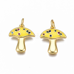 Autumn Theme Brass Micro Pave Cubic Zirconia Enamel Pendants, with Jump Rings, Nickel Free, Mushroom,Real 16K Gold Plated, Yellow, 16.5x14x2mm, Jump Ring: 5x0.8mm, 3mm inner diameter