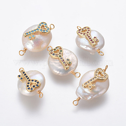 Connettori di collegamenti di perle naturali, ottone con micro spianare risultati zirconi, pepite con chiave a cuore, oro, colore misto, 21~25x13~15x6~8mm, Foro: 1.6 mm