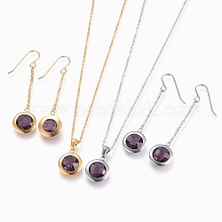 304 collier en acier inoxydable avec pendentif en verre et ensembles de bijoux pendantes, plat rond, support violet, couleur mixte, 17.7 pouce (45 cm), 59mm, pin: 0.8 mm