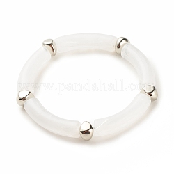 White Acrylic Curved Tube Chunky Stretch Bracelet with CCB Plastic for Women, Platinum, Inner Diameter: 2 inch(5.1cm)