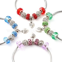Handmade Polymer Clay Rhinestone European Bracelets, with Glass Beads, 304 Stainless Steel Snake Chains and Alloy Heart Charm, Mixed Color, 7-7/8 inch(20cm)