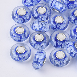 Handmade Lampwork European Beads, Inner Flower, Large Hole Beads, with Silver Color Plated Brass Single Cores, Rondelle, Royal Blue, 14x7.5mm, Hole: 4mm