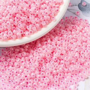 Cuentas de rocailles redondas miyuki, Abalorios de la semilla japonés, 8/0, (rr518) algodón de azúcar rosa forrado, 3mm, agujero: 1 mm, aproximamente 422~455 unidades / 10 g
