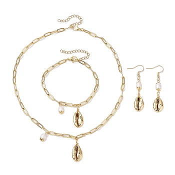 Комплект из ожерелья, браслета и сережек из натурального пресноводного жемчуга и гальванизированных ракушек, Комплекты ювелирных изделий из нержавеющей стали 304 с цепочками для женщин, золотые, 7.20 дюйм (183 мм)