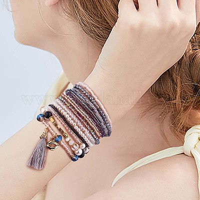 Bracciale Bohémien Con Perline In Legno - Albero Della Vita - Set Da 4 Braccialetti Elastici - Regalo Donna