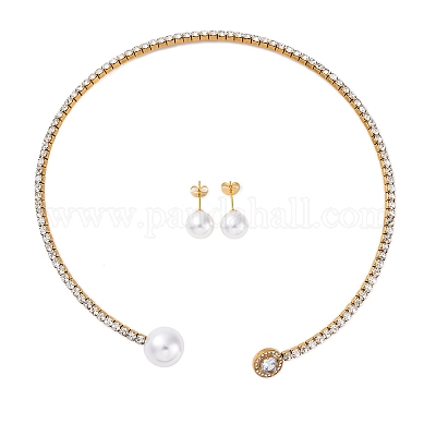 Круглые пластиковые серьги-гвоздики с имитацией жемчуга и комплекты колье-чокеров с кубическим цирконием и стразами SJEW-U003-03G-1