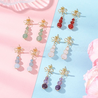 Серьги-гвоздики с подвесками из натурального смешанного камня в виде банта и круглой подвески EJEW-JE06780-1