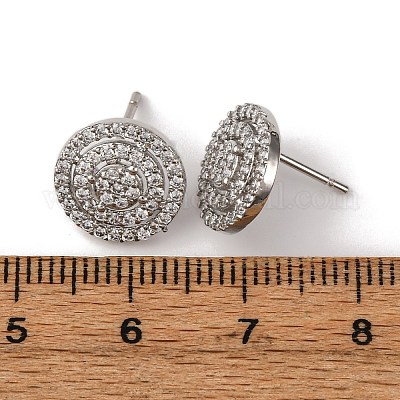 Латунные плоские круглые серьги-гвоздики с микропаве из прозрачных кубических цирконий EJEW-H165-05P-1