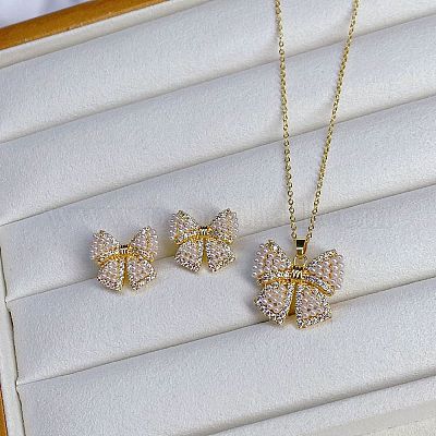 Комплект из колье с подвеской и серег-гвоздиков из латуни с микропаве из прозрачных кубических цирконий FS-WGCEA70-01-1