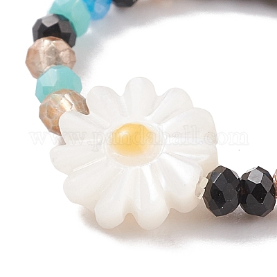 Эластичное кольцо на палец из ракушек и стеклянных бусин для женщин RJEW-JR00481-1