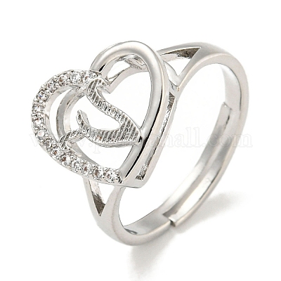 Сердце с буквой стойка покрытие латунь микро паве кубический цирконий регулируемые кольца для женщин RJEW-I105-06P-V-1