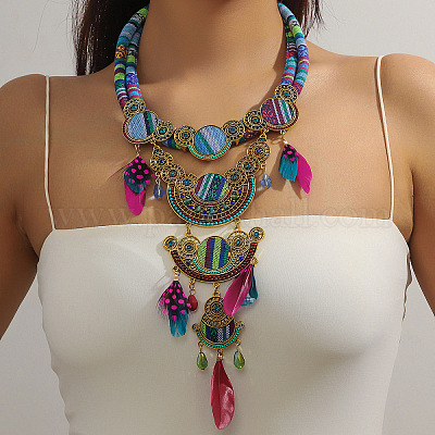 Круглые эффектные нагрудные ожерелья в стиле бохо из сплава изумрудных стразов и окрашенных перьев и полиэстеровой ткани для женщин FS-WGC08FA-02-1