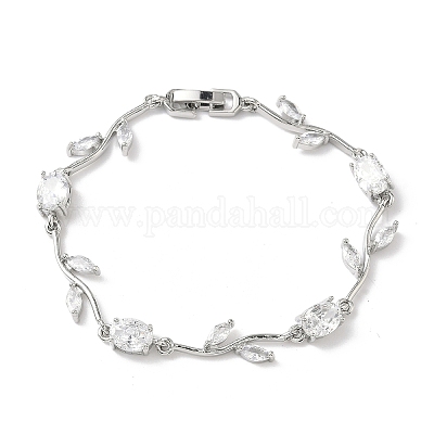 Браслеты-цепочки из латуни с микропаве из кубических цирконий овальной и листовой формы для женщин BJEW-G764-05P-02-1