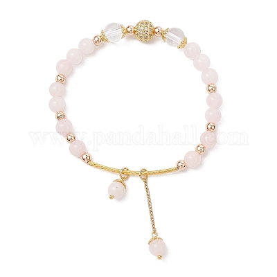 Браслеты с подвесками из натурального розового кварца круглые бусины для женщин BJEW-JB11931-03-1