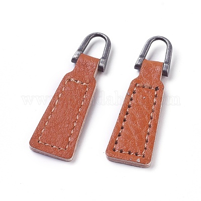 PU Leather Zipper Puller, Garment Accessories, with Alloy Findings,  Trapezoid, Gunmetal, Chocolate, 40x12x3.5mm, Hole: 5x7mm