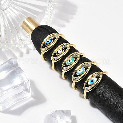 Кольца для женщин с эмалью из прозрачных кубических цирконий и микропаве из латуни RJEW-L113-024G-1