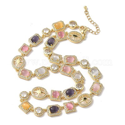 Теннисные ожерелья из латуни с микропаве из прозрачных кубических цирконий и разноцветными камнями кошачий глаз в форме прямоугольника NJEW-G183-05G-1