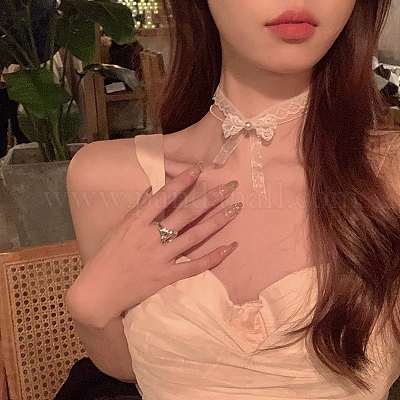 Двухслойные ожерелья-чокеры из сплава с пластиковым жемчугом и бантом из кружева для женщин FS-WG34BC4-01-1