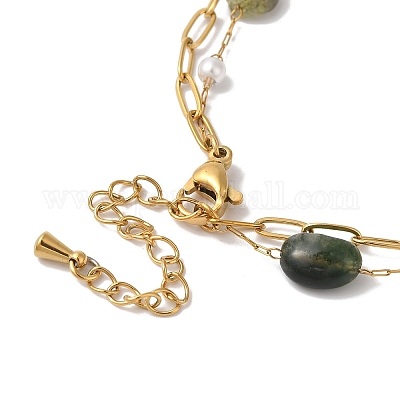 Многорядные браслеты самородки из натурального мохового агата и искусственного жемчуга BJEW-P326-01B-G-1