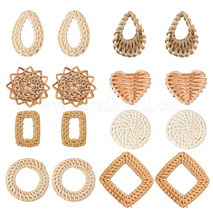 SUNNYCLUE 16pcs Handmade Rattan Woven Reed Cane Charms Connector Pendants Linking Rings Geometric Round Oval Bohemian Lightweight Circle for Straw Wicker Braid Earrings Jewelry Making NO Hole WOVE-SC0001-02-1