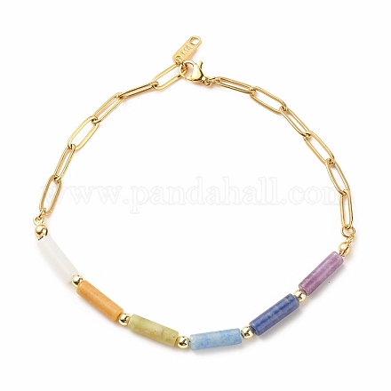 Bracelet de cheville perlé de colonne de pierres précieuses mélangées naturelles avec des chaînes de trombones en laiton pour les femmes AJEW-AN00494-1
