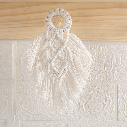綿ロープマクラメ織りタペストリー壁掛け  自由奔放に生きるスタイルの吊り下げ飾り、木製リングホルダー付き  家の装飾のための  フローラルホワイト  170mm MAKN-PW0001-017A-1