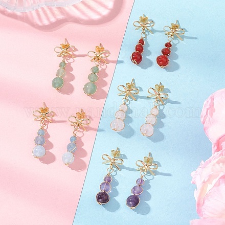 Серьги-гвоздики с подвесками из натурального смешанного камня в виде банта и круглой подвески EJEW-JE06780-1