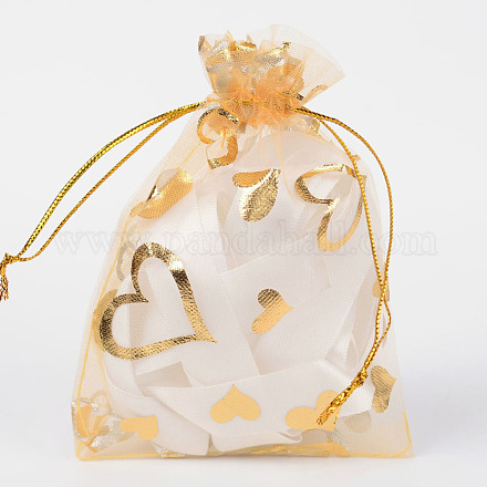 ハートプリントオーガンジーバッグ巾着袋  ギフトバッグ  長方形  ゴールデンロッド  12x10cm OP-R022-10x12-04-1