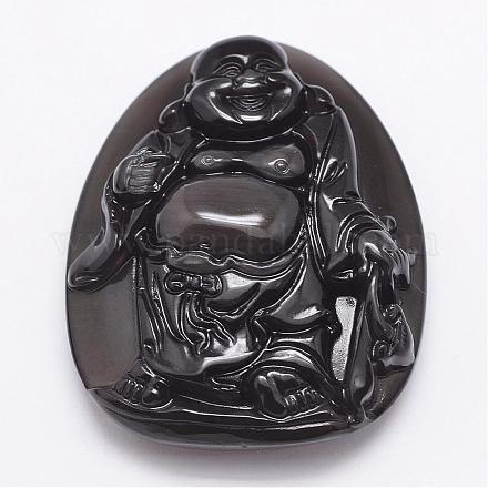 天然石アイスレインボーオブシディアン彫りペンダント  仏  ブラック  54x43x17~19mm  穴：1.5mm G-A169-025-1