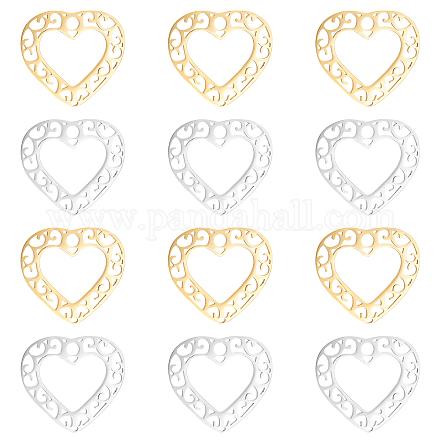 DICOSMETIC 12Pcs 2 Colors Stainless Steel Hollow Lovely Heart Filigree Joiners Pendants Hypoallergenic Locket Charms Metal Hollow Flat Smooth Pendants for Jewelry Making DIY STAS-DC0004-73-1