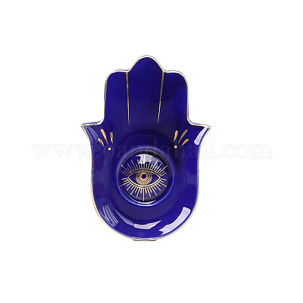 磁器のジュエリープレート  ハムサの手の形のナザールボンジュウの模様のトレイ  ダークブルー  170x115mm DJEW-PW0015-02A-02-1